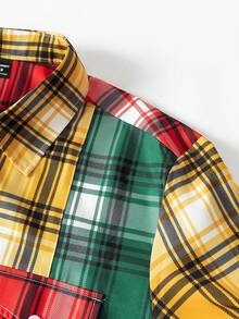 Manfinity Homme Men's Patchwork Turndown Collar Long Sleeve Shirt, Men's Plaid Shirt For Autumn/Winter - Red - View 4