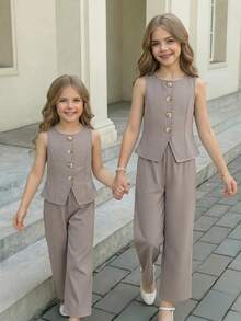 SHEIN 2pcs Young Girl Woven Solid Color Sleeveless Cardigan And Long Pants Set - Multicolor - View 6