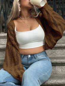 Plus Size Batwing Sleeve Hollow Out Lightweight Knit Cardigan - Brown - View 4