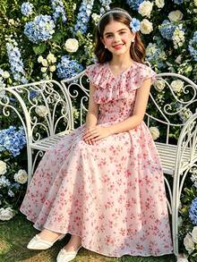 SHEIN Elladie kids Đầm dạ hội thanh lịch tối giản cho bé gái tuổi teen, cổ chữ V, tay bồng, không tay, eo cao, dài ngang gối, chất liệu chiffon màu xanh trơn, thích hợp cho lễ tốt nghiệp/đám cưới mùa hè. - Hồng - Xem 2