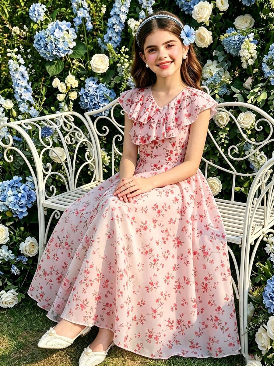 SHEIN Elladie kids Đầm dạ hội thanh lịch tối giản cho bé gái tuổi teen, cổ chữ V, tay bồng, không tay, eo cao, dài ngang gối, chất liệu chiffon màu xanh trơn, thích hợp cho lễ tốt nghiệp/đám cưới mùa hè.