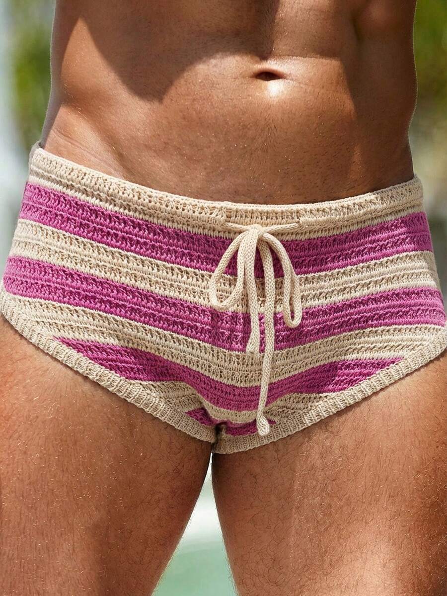 Manfinity Swimmode 男士休闲钩编抽绳腰短裤，适合度假和海滩穿着 - 彩色 - 查看 1