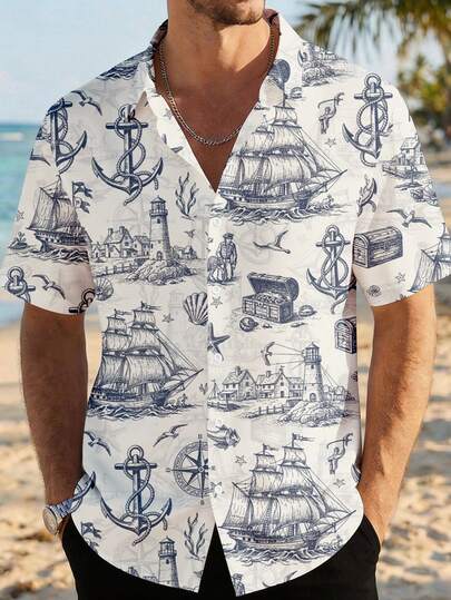 VIVINTIMO חולצת חופשה ימית לגברים עם שרוולים קצרים, מתאימה ללבוש יומיומי, חופשה, אתר נופש באי, אתר נופש בהוואי