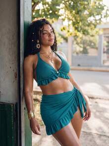 Swim Vcay Light Teal Summer Boho Beach Holiday Halter Bikini Top,Ruffle Trim Ruched Bralette Swimwear,Basic Triangle Cup Plus Size Tropical Vacation Style - Teal Blue - View 5