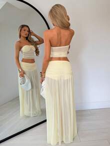 TRNVIE Pale Yellow Summer Seksi Chic Vacation Sheer Mesh Top With Side Ruching,Flowy High-Low Dress,Elegant Soft 2-Piece Set For Beach,Date Night,Dinner - Apricot - View 2