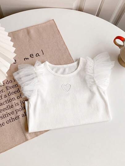 SHEIN Young Girl' Easter Ruffle Trim Short Sleeve T-Shirt, Suitable For Daily Outings And Vacation, Summer
