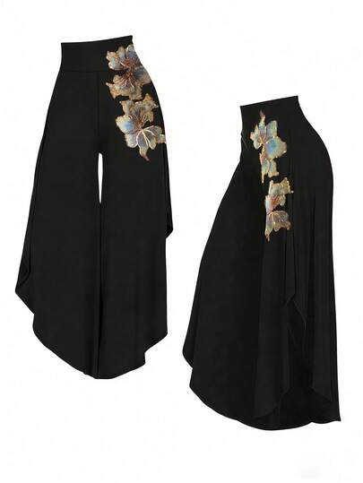Franclia Women's Elegant High Waist Irregular Hem Wide Leg Pants With Sequin Floral Embroidery, Casual Loose Fit Flowy Trousers For Dance & Daily Wear Black Festival Skirt Chinese Style Clothes Skirts For Women With Top Western Outfits For Women Skirt Black Rara Skirt