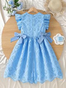 Elladie kids 1 chiếc đầm xòe ngắn tay phồng dáng Pháp chấm bi khoét lỗ cho bé gái, có nơ trang trí, kiểu công chúa thích hợp cho đi chơi hàng ngày/tiệc sinh nhật/đi học, đầm chữ A xòe dễ thương có nơ, đầm thêu khoét lỗ kiểu Hàn Quốc mới sành điệu cho bé gái mùa hè - Màu xanh lam - Xem 4