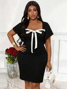 Villa Velisse Plus Size Color Block Bow Decor Square Neck Short Sleeve Fitted Fashion Dress Gym Brown Summer - Black - View 8
