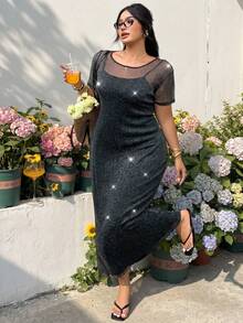 GalTyme Đầm hè tay ngắn cổ tròn phối lưới màu trơn dành cho nữ cỡ lớn - Nhiều màu - Xem 5