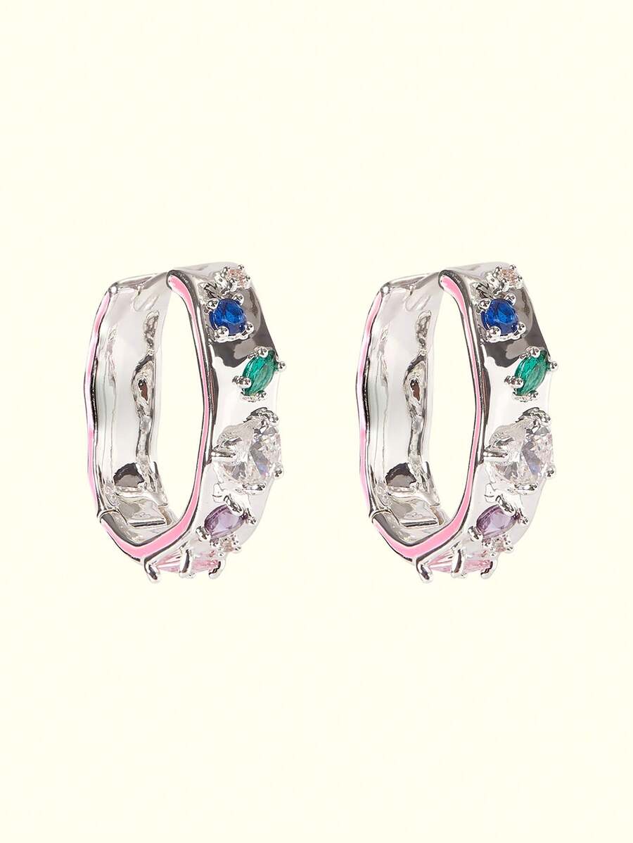 Popjeli Multi-Color Diamond-Set Round Small Circle Earrings, Women's High-End Sense, Niche Unique Earrings, Sweet Temperament,Y2K/Cute/Colorful/Chic,For Mom/Women/Girl/Mother,Summer/Beach/Prom/Part/Vacation/Travel,PINK,Heart - Silver - View 1