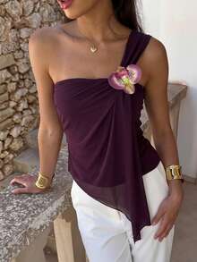Aloruh Women's Vacation Style Ruched Bandeau Top, Romantic Purple Bohemian Fitted Pullover - Purple - View 1