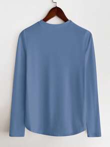 SHEIN LUNE Fitted Solid Color Crew Neck Long Sleeve Casual T-Shirt, Spring/Summer - Dusty Blue - View 2