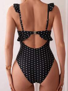 SHEIN Swim Mod 2026 Spring/Summer New Leopard Print Random Floral Adjustable Spaghetti Strap V-Neck Ruffled One-Piece Bikini Swimsuit - Black and White - View 2
