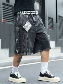 Manfinity EMRG Men's Casual Street Style Embroidered Patch Grey Denim Shorts - Dark Grey - View 8