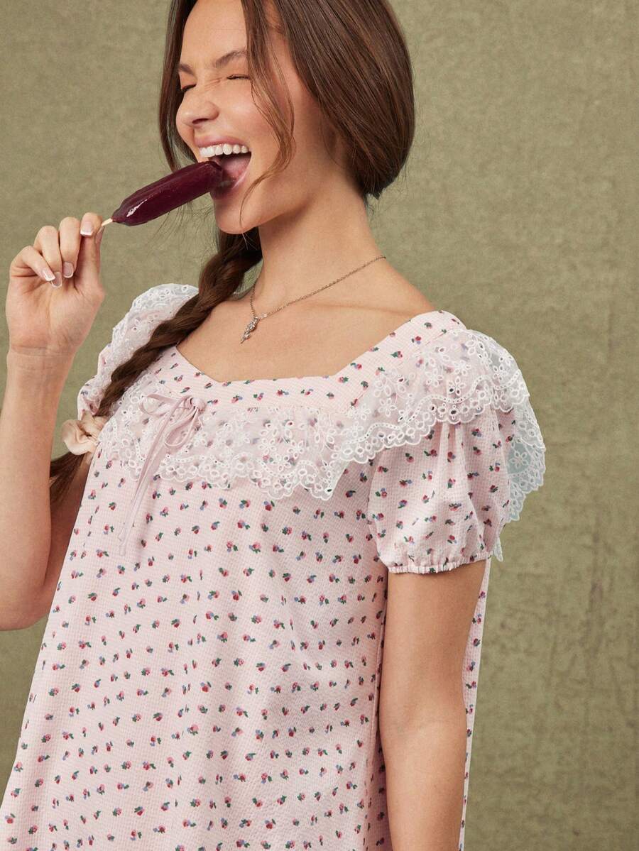 WESTFADE Sweetheart Neck Bow Front Short Puff Sleeve Floral Gingham & Lace Babydoll Pink Mini Dress, Dresses For Women, Plaid Women's Country Style Female Look - Pink - View 1