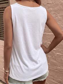 SHEIN Áo tank top nữ cổ chữ U màu trắng, kiểu dáng giản dị, thời trang thường ngày. - trắng - Xem 2