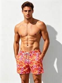 Manfinity Swimmode 男士橘色花卉夏季沙灘短褲，波西米亞度假抽繩腰泳褲，夏威夷熱帶度假情侶短褲，男女適用 - 橘色 - 查看 5