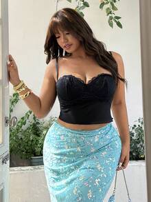 GalTyme Plus Size Women Summer Sexy Solid Color Lace Patchwork Camisole Top - Black - View 3