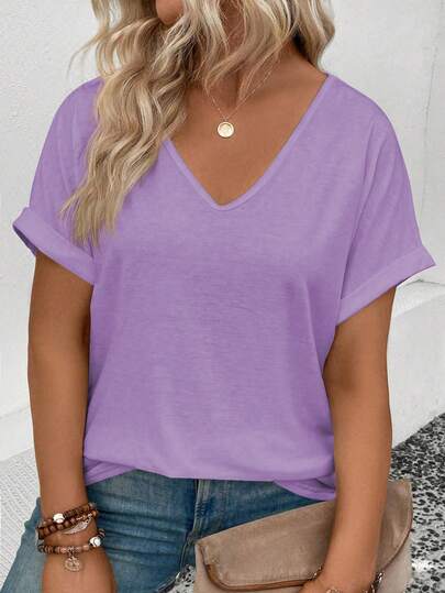 EMERY ROSE Women's Casual V-Neck Turnup Sleeve Short Sleeve All-Match Versatile Plus Size T-Shirt, Spring/Summer
