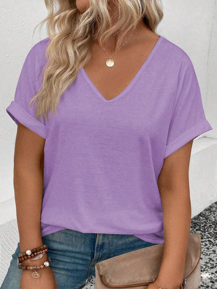EMERY ROSE Women's Casual V-Neck Turnup Sleeve Short Sleeve All-Match Versatile Plus Size T-Shirt, Spring/Summer - Lilac Purple - View 1