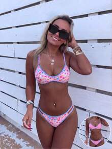 Swim Mod Nuevo conjunto de bikini de dos piezas con volantes de color contrastante, estilo floral dulce europeo y americano, de cuello halter y espalda descubierta, con tanga de corte alto, traje de baño sexy para playa, vacaciones y fiestas - Multicolor - Ver 8