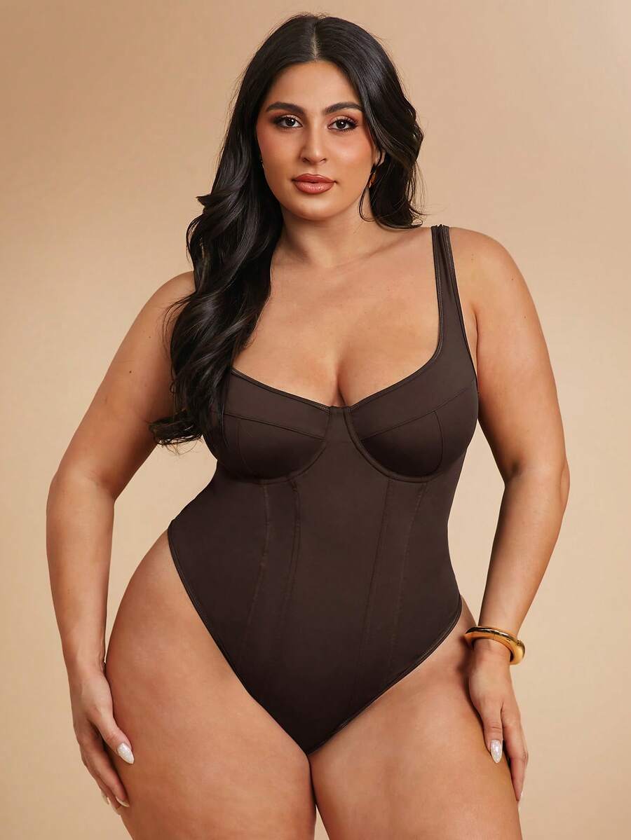 SHEIN BAE 大码女式纯色休闲百搭连体衣,适合日常穿着 - 棕色 - 查看 1