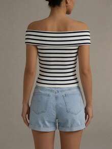 Ribbed Top With Bardot Neckline For Women - 黑與白 - 查看 2