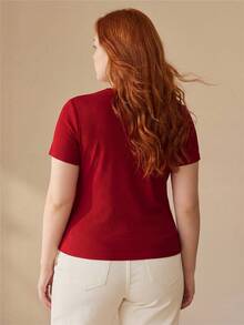 MOTF PREMIUM PLUS SIZE WOMEN'S RIBBED TIE-UP DECOR CASUAL COMMUTE VERSATILE T-SHIRT - Red - View 2
