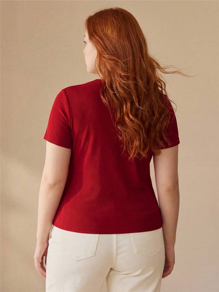 PLUS SIZE WOMEN'S RIBBED TIE-UP DECOR CASUAL COMMUTE VERSATILE T-SHIRT