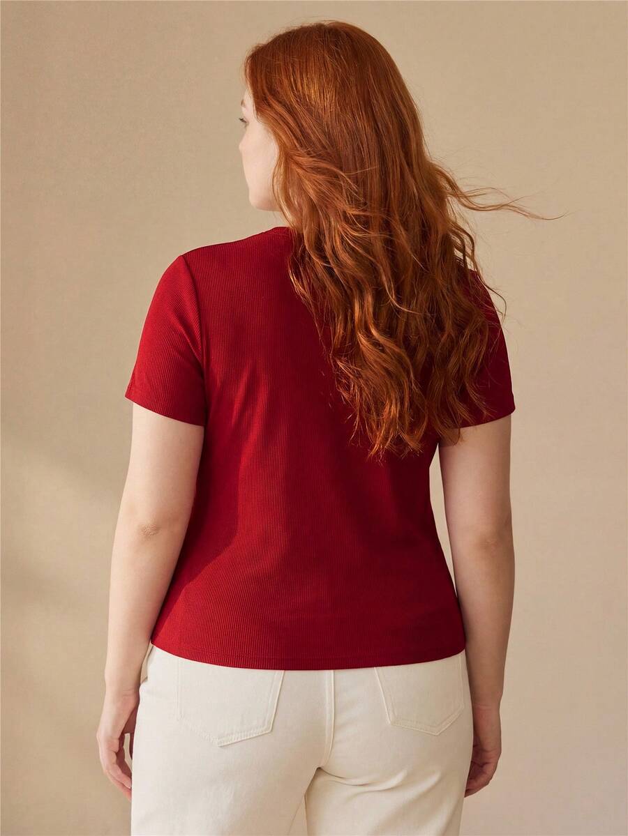 MOTF PREMIUM PLUS SIZE WOMEN'S RIBBED TIE-UP DECOR CASUAL COMMUTE VERSATILE T-SHIRT - Red - View 2