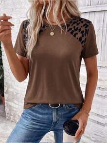 EMERY ROSE Fashionable Casual Retro New Coffee Color Round Neck Short Sleeve Shoulder Leopard Print Women T-Shirt - Multicolor - View 4