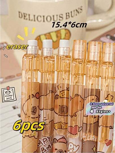 SHEIN 1pc/3pcs/6pcs/12pcs Capybara Erase Push-Button Automatic Pencil, (6pcs Box) Color Style Random, High-Quality Creative Student Stationery Pen, Cute Erase Automatic Pencil, 0.5mm Student 2B Pencil, No To Sharpen The Core, Replaceable Core Push-Button Automatic Core, Smooth Writing, Built-In Eraser, Suitable For Adult And Student Creation, Family Drawing, Christmas Card Coloring,Office Signature Supplies, Giftery For Family, Friends, Colleagues, Boys, Girls, School Supplies