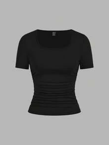 SHEIN EZwear 4件/組休閒簡約純色舒適方領套頭短袖大尺碼女款T恤，適合春夏季 - 彩色 - 查看 9