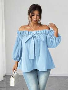 SHEIN Elenzya Áo kiểu trễ vai gợi cảm buộc dây dành cho nữ cỡ lớn - Màu xanh nhạt - Xem 2