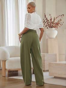 Vixey Solid Woven Barrel Leg Trousers With Self Tie Satin Waist Sash, Business Casual, Workwear, Polished, Tailored, Desk To Dinner, Power Dressing - Army Green - View 5