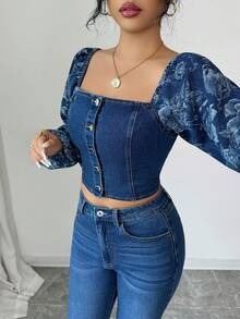 SHEIN Elenzya 2pcs/Set Women Stylish Denim Outfit, Long Sleeve Cold Shoulder Top And High Waist Pants - Medium Wash - View 5