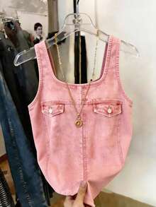 Resyla Áo tank top nữ cổ vuông in họa tiết giả denim, kiểu dáng thường ngày. - Nhiều màu - Xem 3