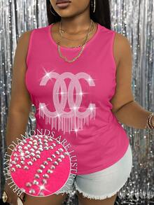 Maweii Camisetas de tirantes para mujer con eslogan, diamantes de imitación y manga corta, tallas grandes - Rosa Fucsia - Ver 3
