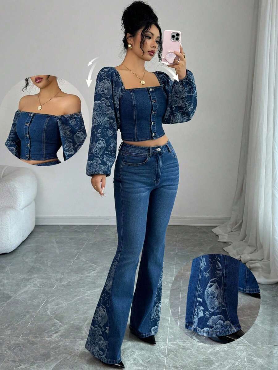 SHEIN Elenzya 2pcs/Set Women Stylish Denim Outfit, Long Sleeve Cold Shoulder Top And High Waist Pants - Medium Wash - View 1
