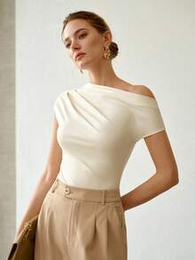 WOMEN'S SLEEVELESS SUMMER ASYMMETRICAL NECK FITTED ELEGANT T-SHIRT - Apricot - View 5