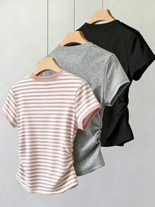 Young Girl Round Neck Short Sleeve T-Shirt, Suitable For Spring/Summer Casual, Home, Holiday, Festival School Pink And White Striped - Multicolor - View 2