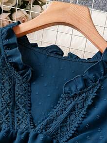 Linhara Plus Size Women Summer Casual Vacation Solid Color Notched Collar Contrast Lace Sleeveless Loose Blouse - Dusty Blue - View 4