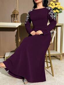 Modelyn 大码女式碎花优雅收腰派对外出连衣裙 - 中紫紅色 - 查看 8