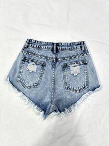 SHEIN Essnce Summer Casual Washed Distressed Denim Shorts - Baby Blue - View 2