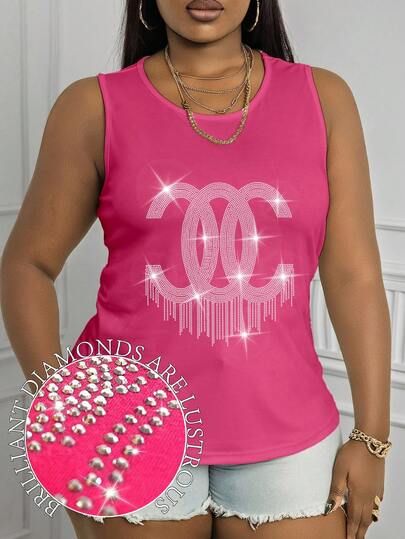 Maweii Plus Size Slogan Rhinestone Short Sleeve Hot Diamond Tees Women Tank Tops