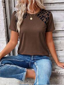 EMERY ROSE Fashionable Casual Retro New Coffee Color Round Neck Short Sleeve Shoulder Leopard Print Women T-Shirt - Multicolor - View 3