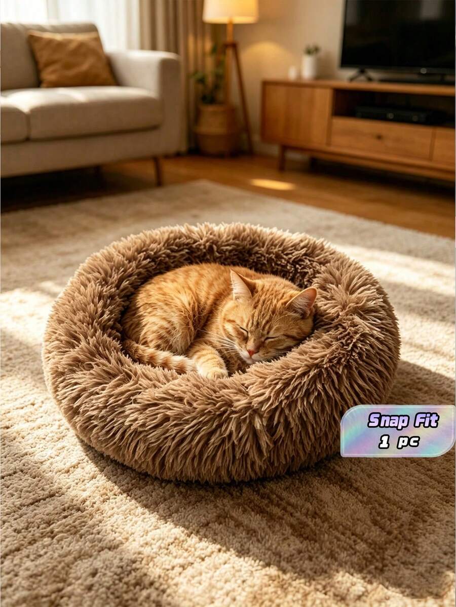 1 Piece Round Warm Fleece Pet Bed, Suitable For Small, Medium And Large Pets, All Seasons Sleeping Use - Camel - View 1