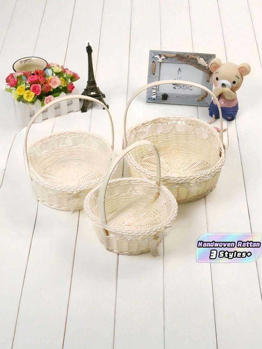 1PC Small Round Handwoven Rattan Rustic Farmhouse Multifunctional Natural Brown Flower Basket Wedding Party Romantic Home Storage Gift Packaging Woven Basket Decor - White - View 1
