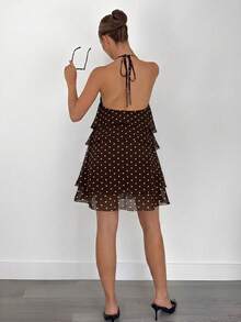 Siren Gaze Vestido de mujer con cuello halter, de varios niveles, con estampado de lunares, versátil y de moda - Marrón - Ver 4